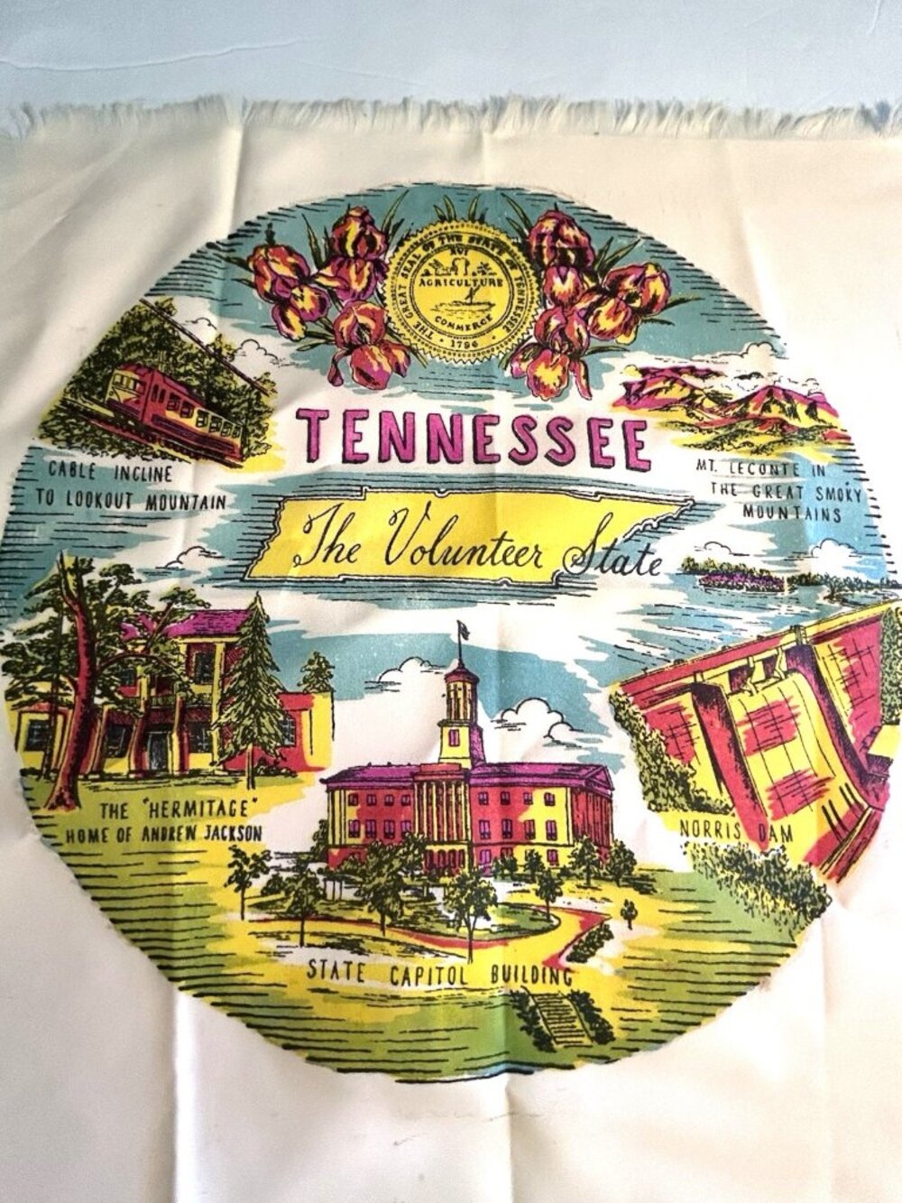 Vintage Tennessee State Souvenir Monuments Scarf Fringe Edge Screen Print 15" Sq